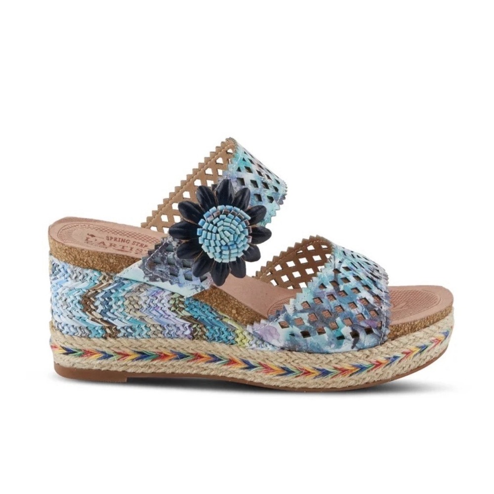 L'Artiste by Spring Step Size 35/ US 5 Evesgarden Floral Corky Wedge Sandal Blue